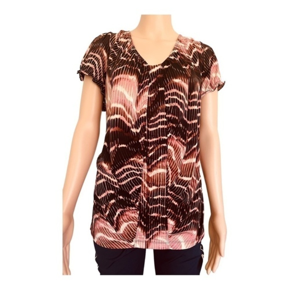 Worthington stretch flowy blouse/top geometrical ruched front bell short sleeves